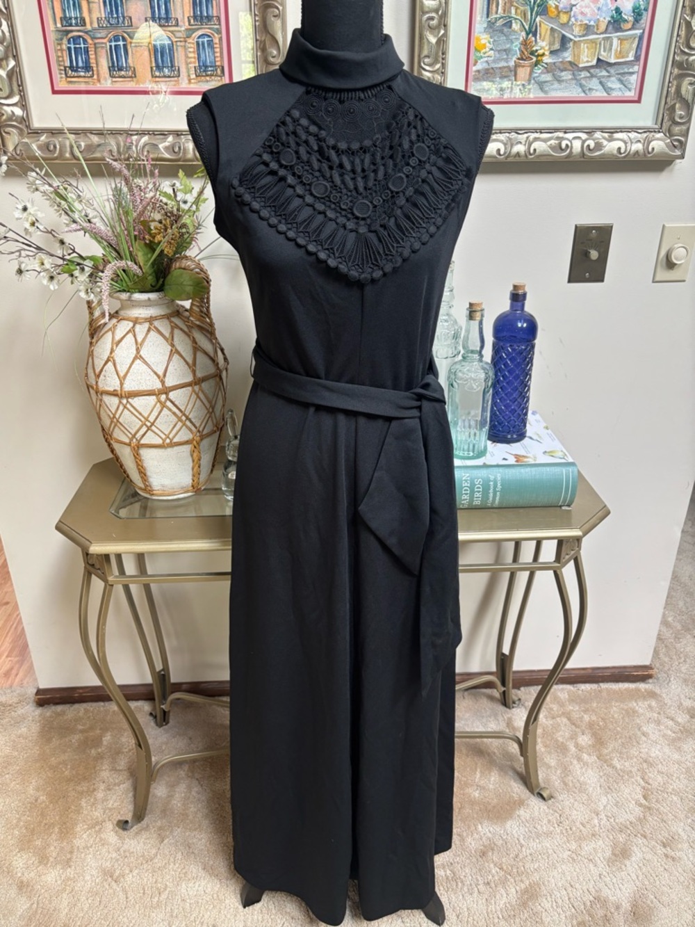 TONI TODD VINTAGE 1970’S BLACK MAXI DRESS SHEER CROCHETED TIE SASH DRESS SZ 10